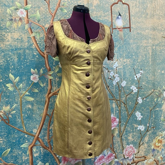 NWT Free People Women's Goldie Leather Mini Dress Gold - Picture 2 of 8